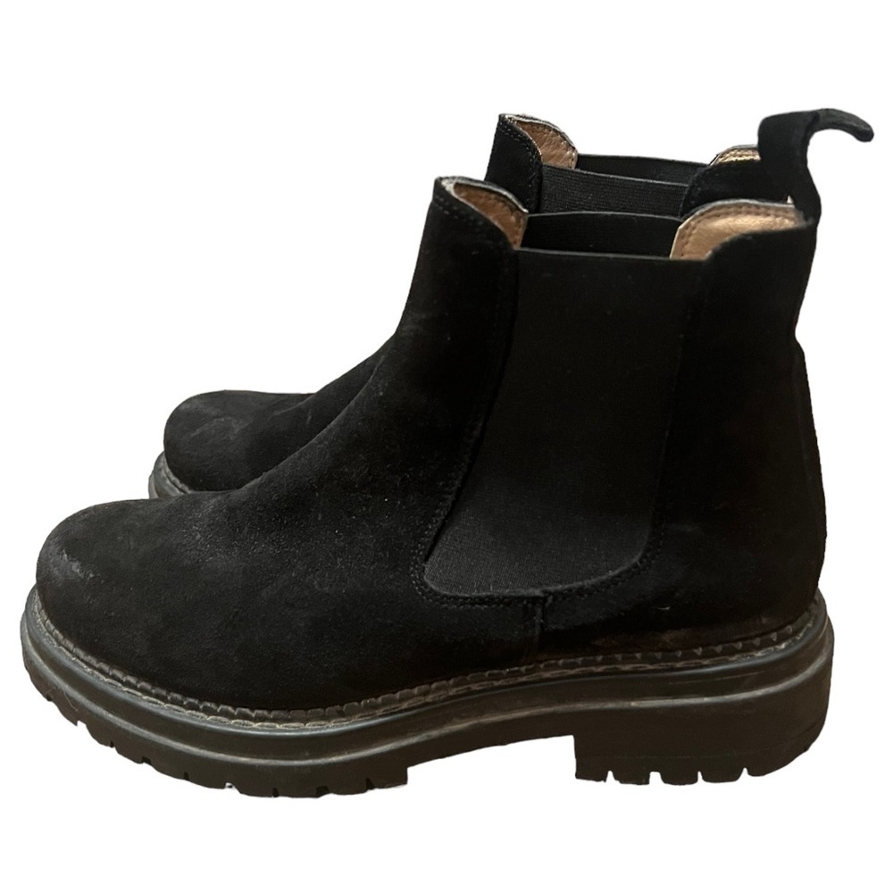 Anthropologie black suede platform pull on Chelsea boots